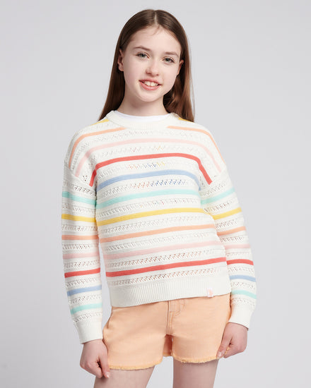 Girls Pointelle Stripe Knit Jumper w jasnym bieli
