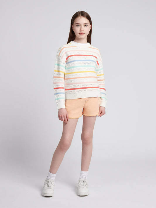 Girls Pointelle Stripe Knit Jumper w jasnym bieli