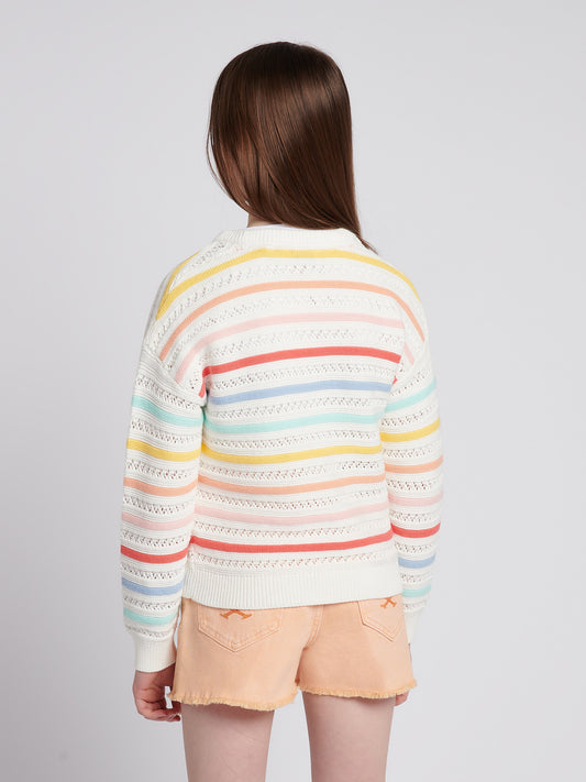 Girls Pointelle Stripe Knit Jumper w jasnym bieli