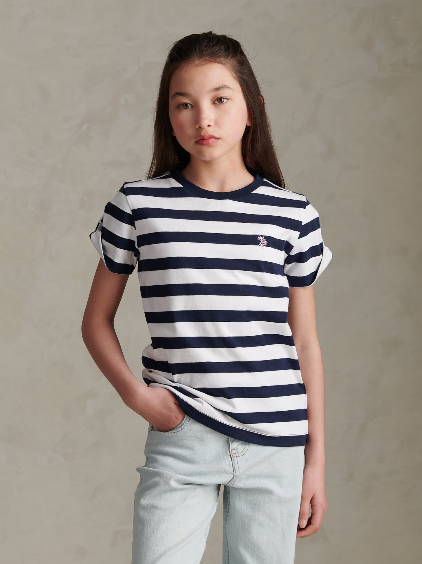 Girls Striped Cold Shoulder T-Shirt Navy Iris