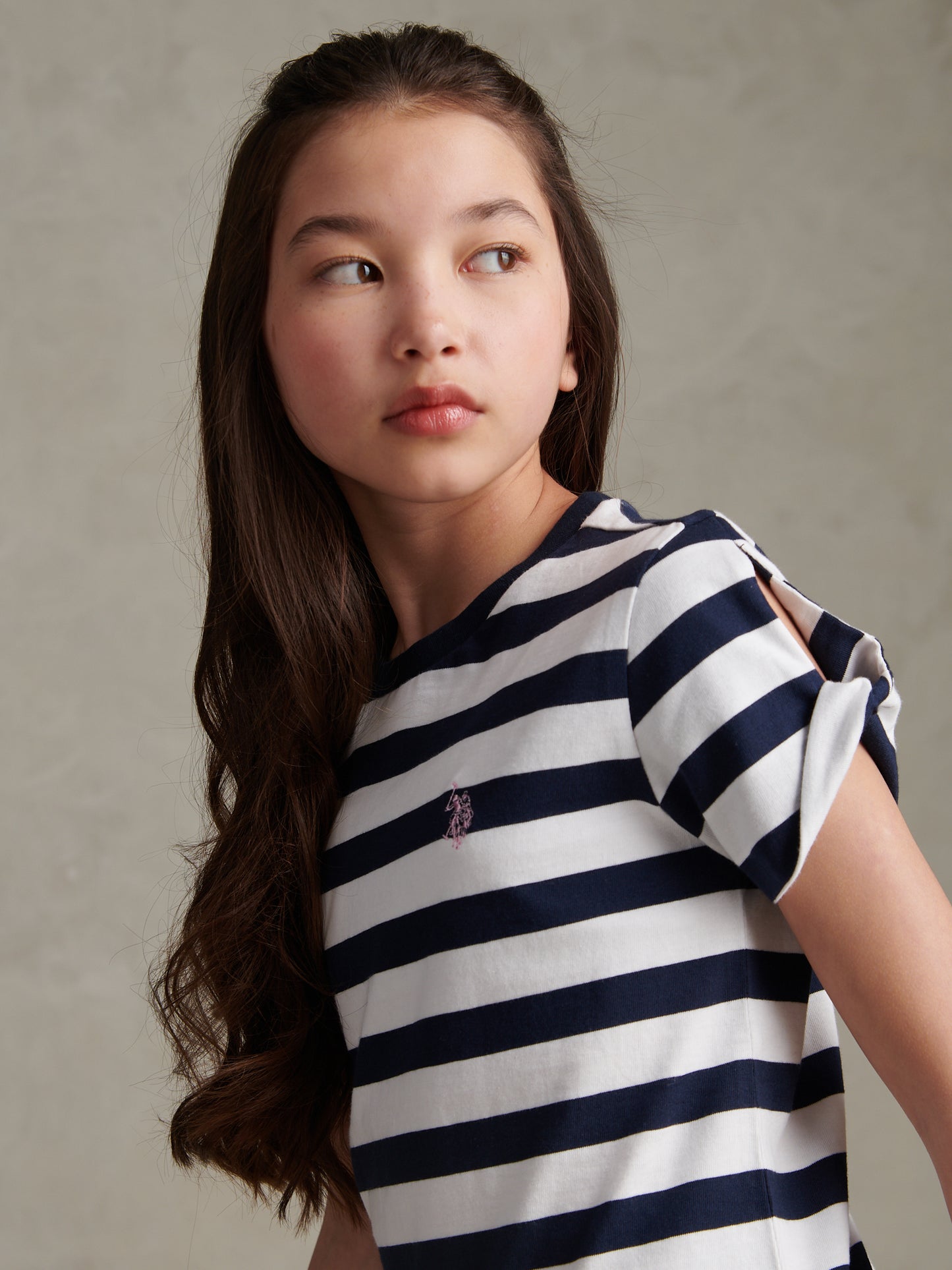 Girls Striped Cold Shoulder T-Shirt Navy Iris