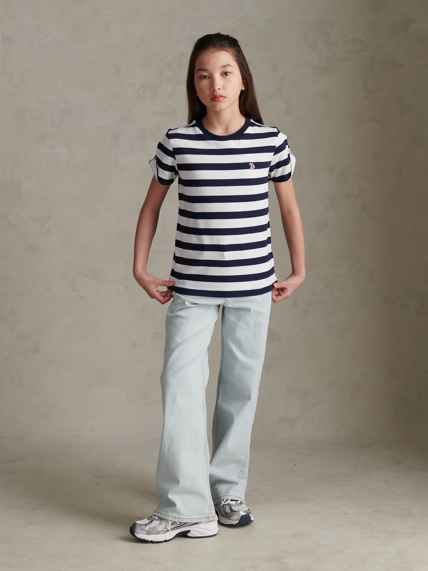 Girls Striped Cold Shoulder T-Shirt Navy Iris