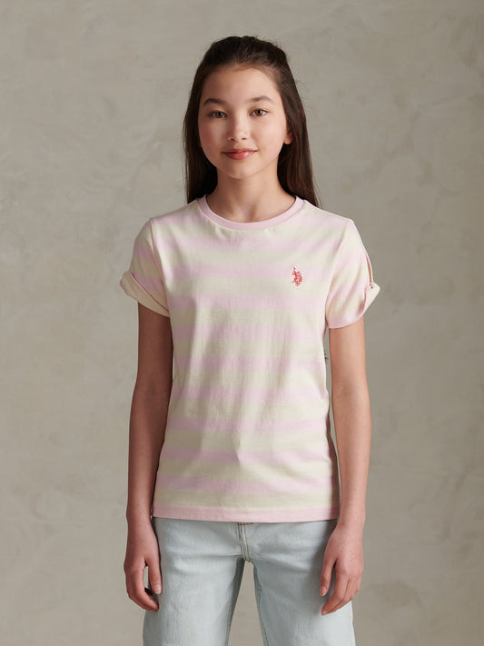 Girls Striped Cold Shoulder T-Shirt Pink Tulle