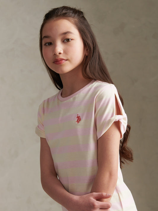 Girls Striped Cold Shoulder T-Shirt Pink Tulle