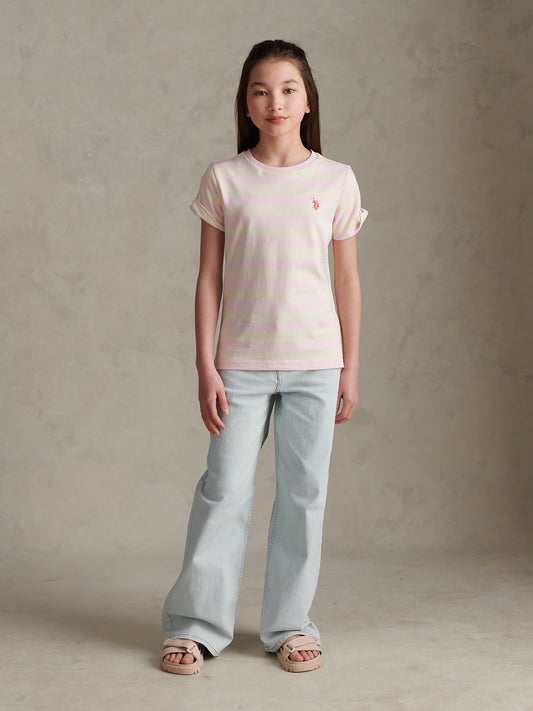 Girls Striped Cold Shoulder T-Shirt Pink Tulle