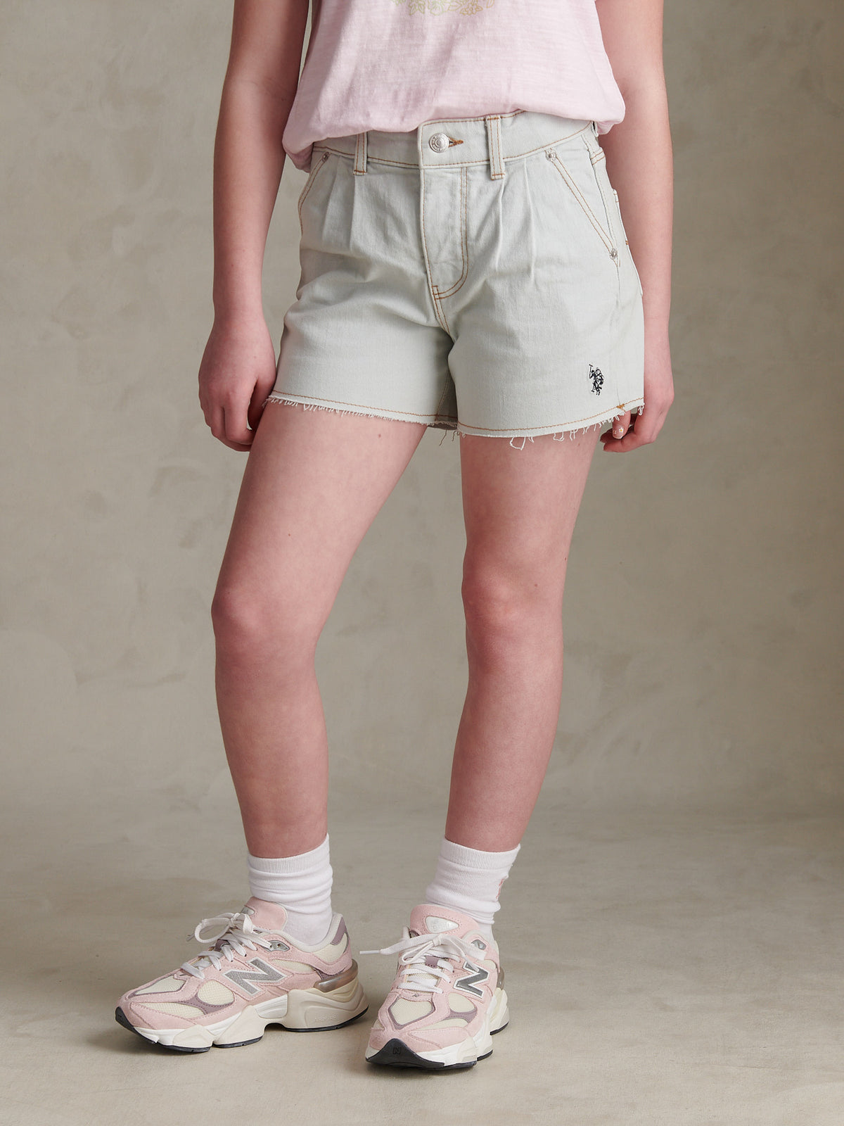 Girls Pleat Detail Denim Shorts Ice White