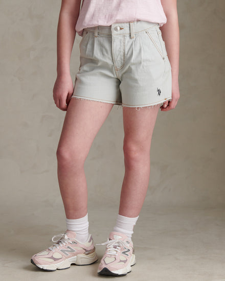 Girls Pleat Detail Denim Shorts Ice White