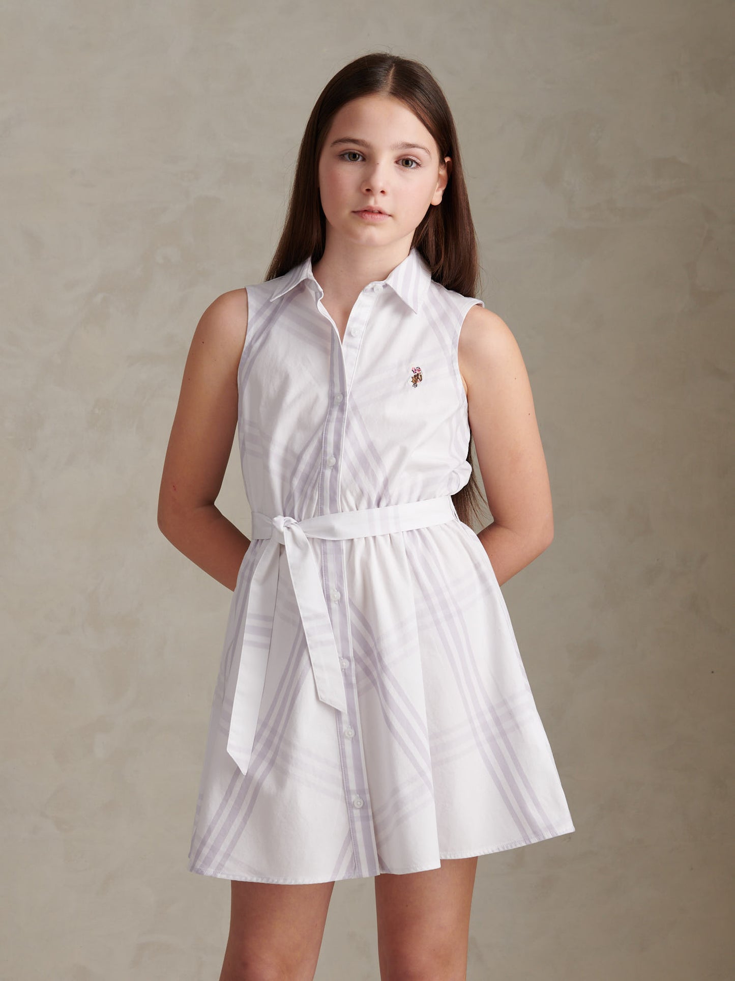Girls Check Sleeveless Shirt Dress Lavender Blue