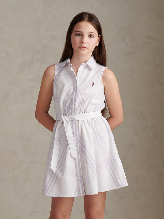 Girls Check Sleeveless Shirt Dress Lavender Blue