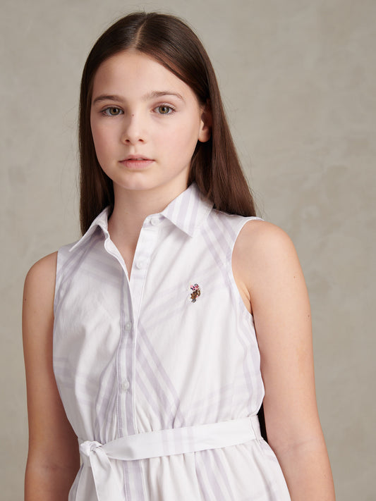 Girls Check Sleeveless Shirt Dress Lavender Blue