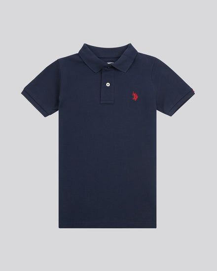 Boys Double Horsemen Polo Shirt in Dark Sapphire Navy / Haute Red DHM