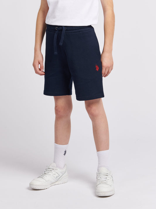 Boys Double Horsemen Sweat Short in Dark Sapphire Navy / Haute Red DHM