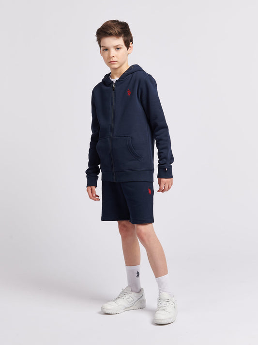 Boys Double Horsemen Sweat Short in Dark Sapphire Navy / Haute Red DHM
