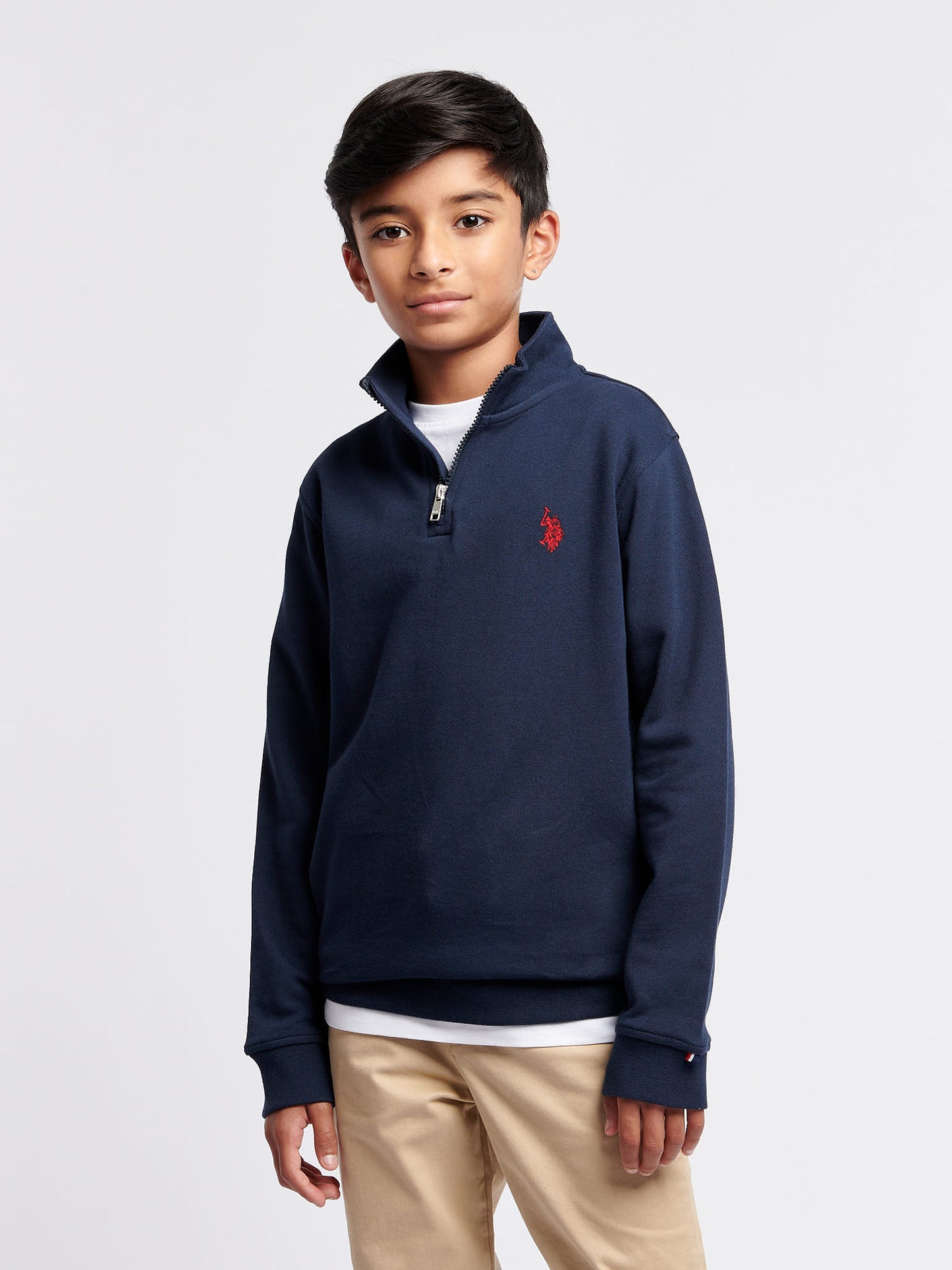 Chłopcy podwójne jeźdźcy 1/4 Zip w ciemnym szafirowym granatowym/haute Red Dhm