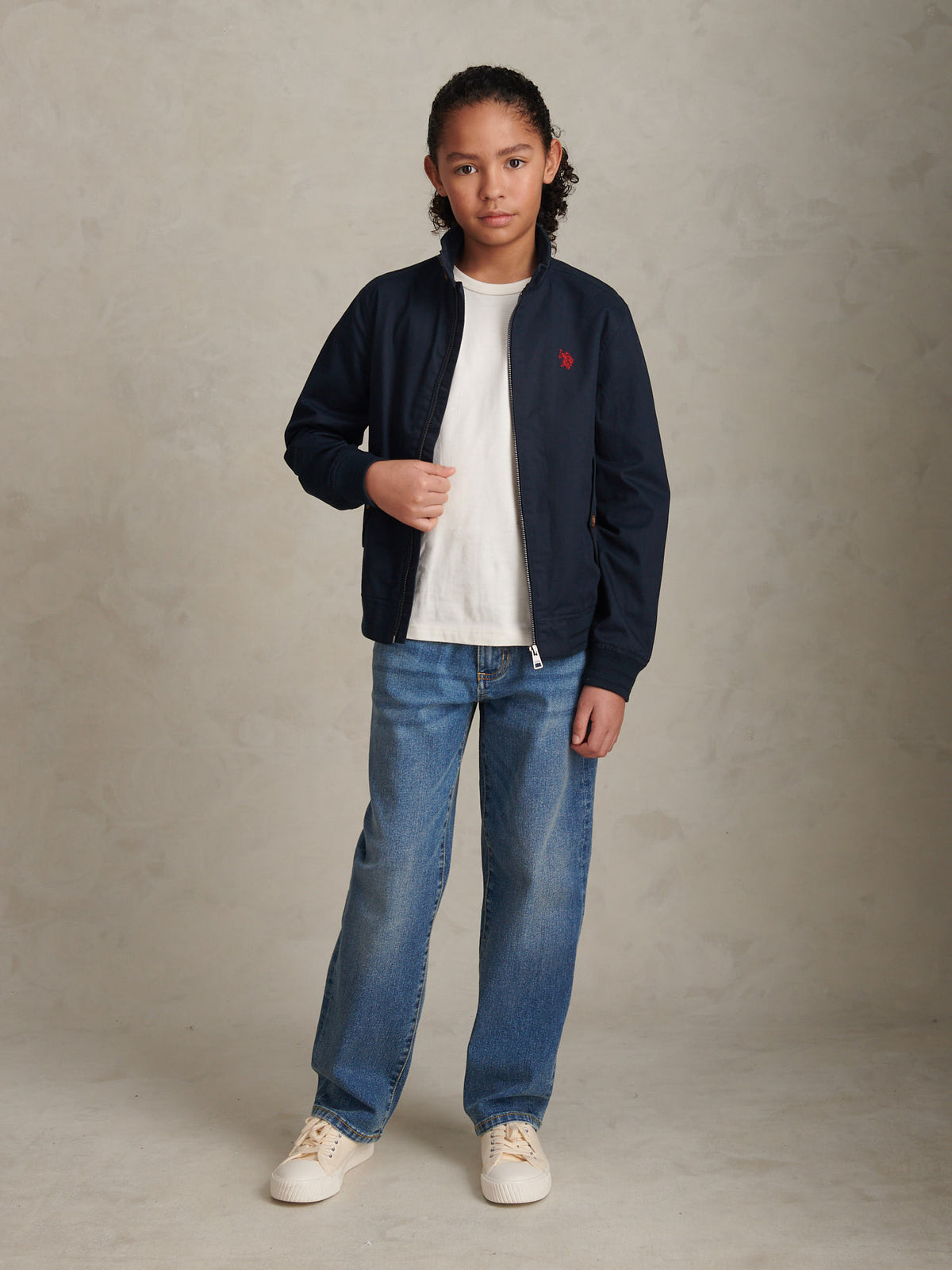 Boys Cotton Twill Harrington Jacket Dark Sapphire Navy / Haute Red DHM