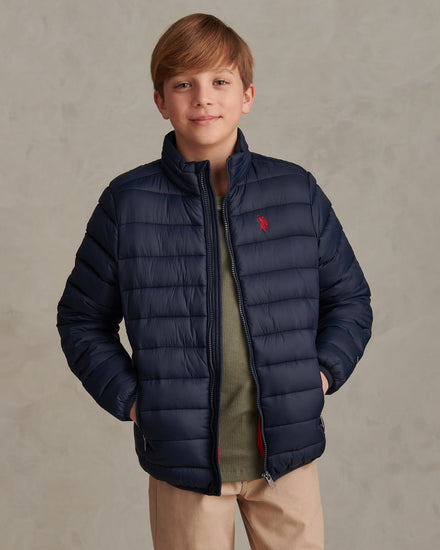 Boys Lightweight Quilted Jacket Dark Sapphire Navy / Haute Red DHM