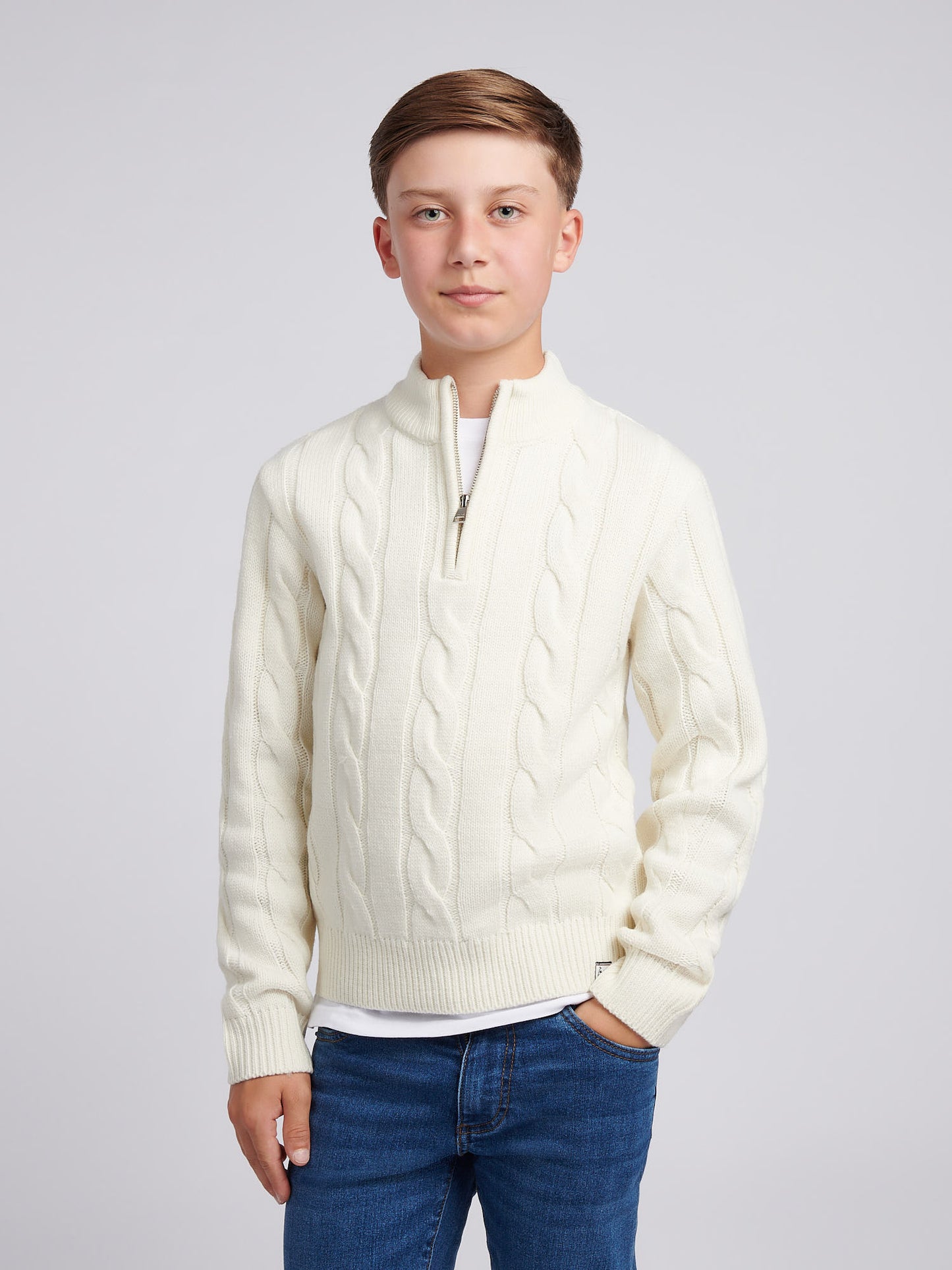 Boys Cable Knit Funnel Whisper White