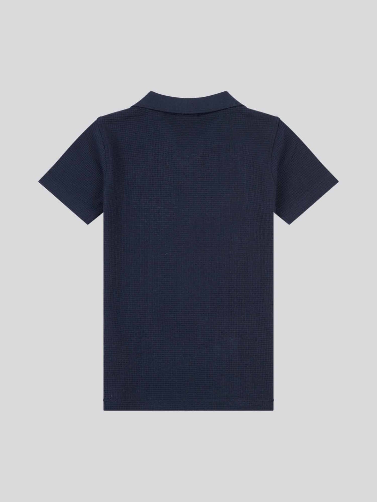 Boys Waffle Texture Open Collar Polo Shirt in Dark Sapphire Navy / Moonlight Blue DHM