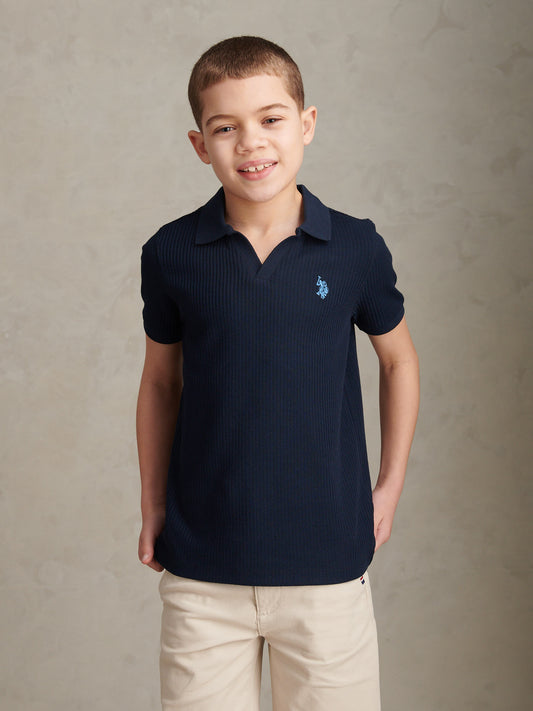 Boys Textured Open Collar Polo Shirt Dark Sapphire Navy