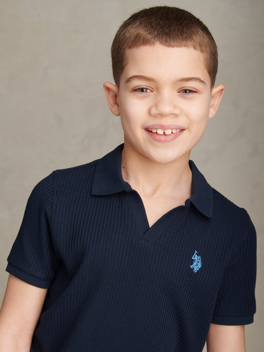 Boys Textured Open Collar Polo Shirt Dark Sapphire Navy