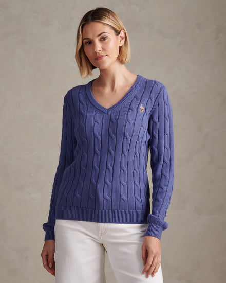 Womens V-Neck Cable Jumper in Marlin