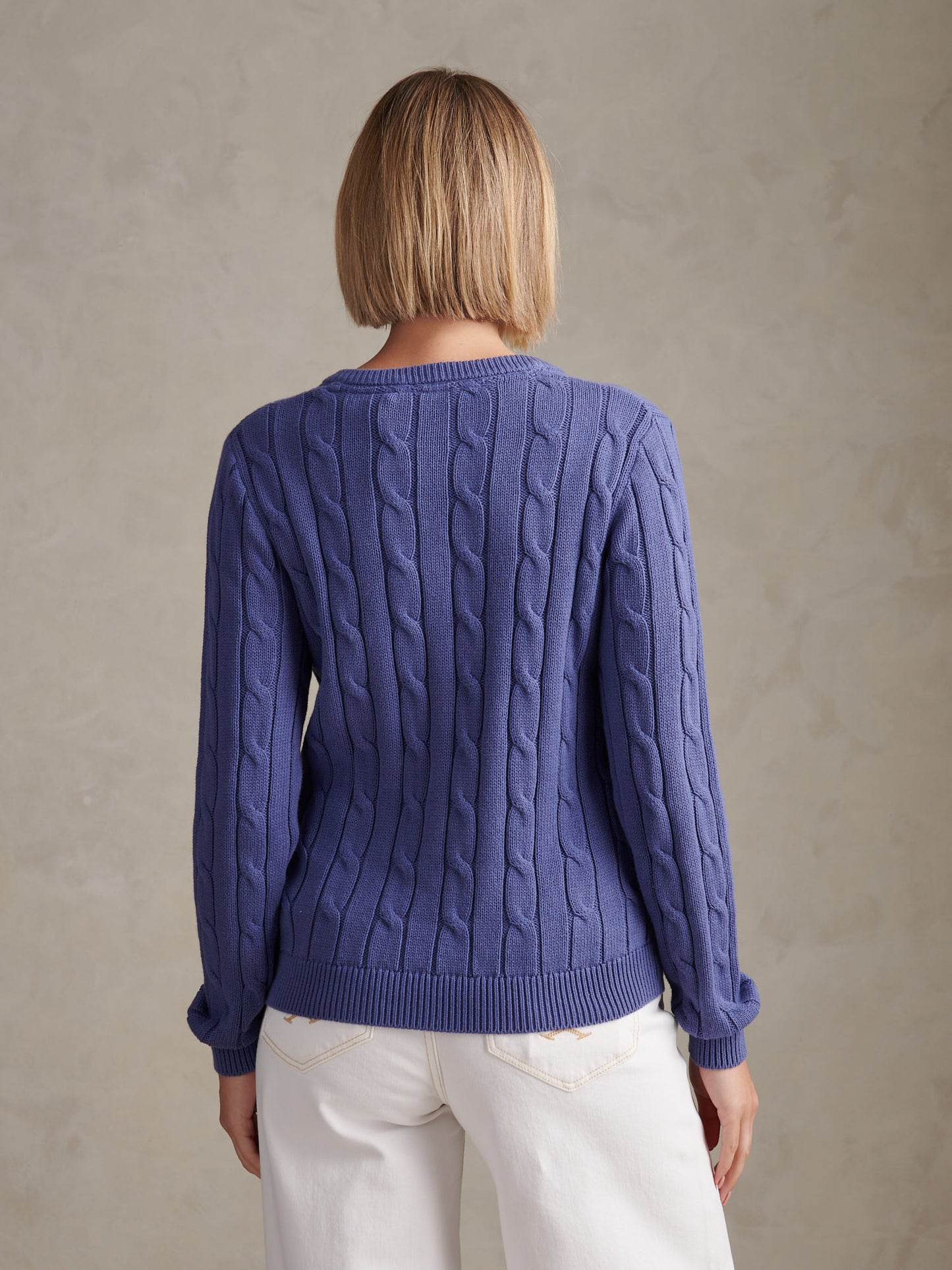 Womens V-Neck Cable Jumper in Marlin