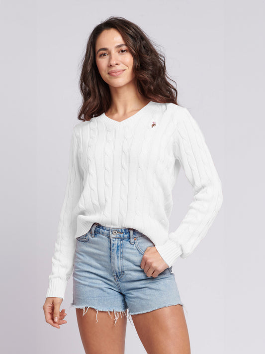 Women V-Neck Selk Cable w Marshmallow