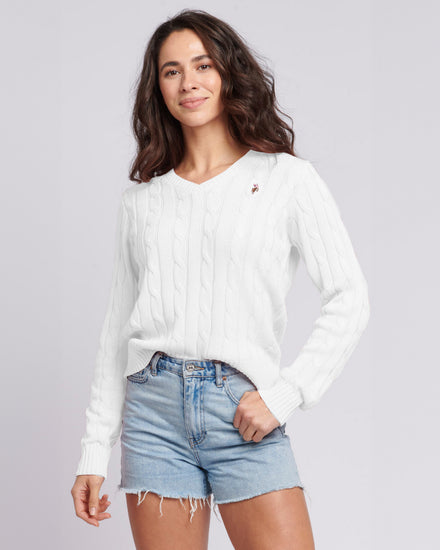 Women V-Neck Selk Cable w Marshmallow