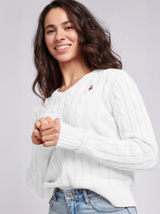 Women V-Neck Selk Cable w Marshmallow