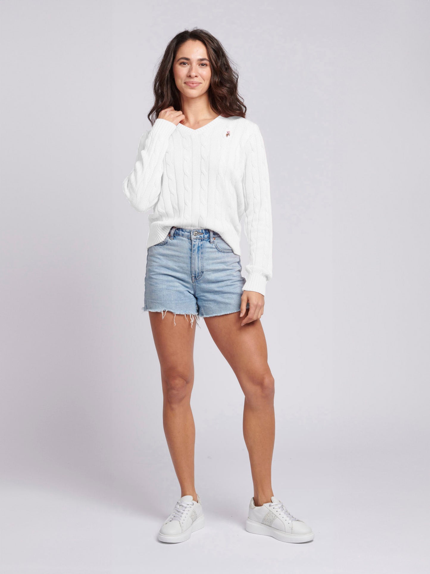 Women V-Neck Selk Cable w Marshmallow