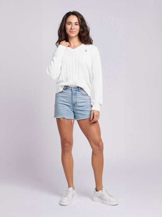 Women V-Neck Selk Cable w Marshmallow
