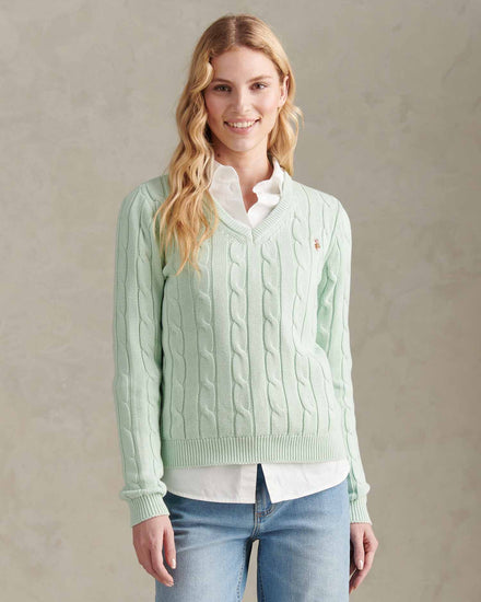 Womens V-Neck Cable Jumper in Misty Jade