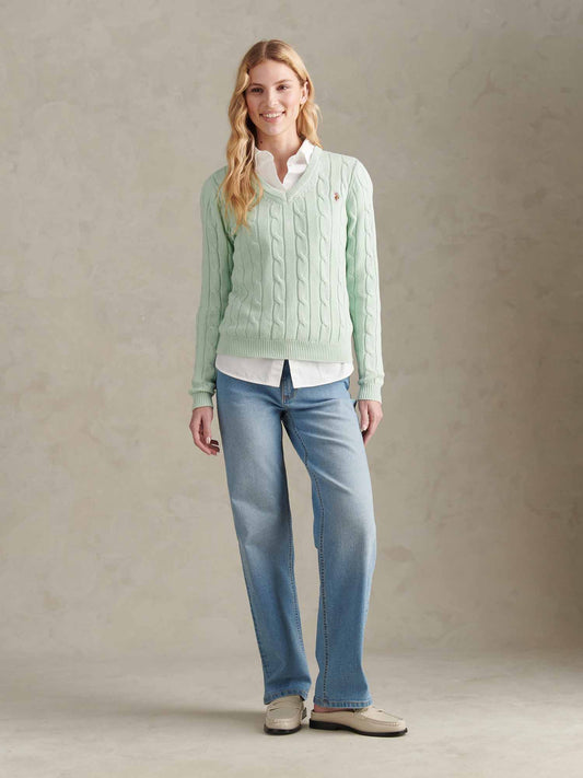 Womens V-Neck Cable Jumper in Misty Jade
