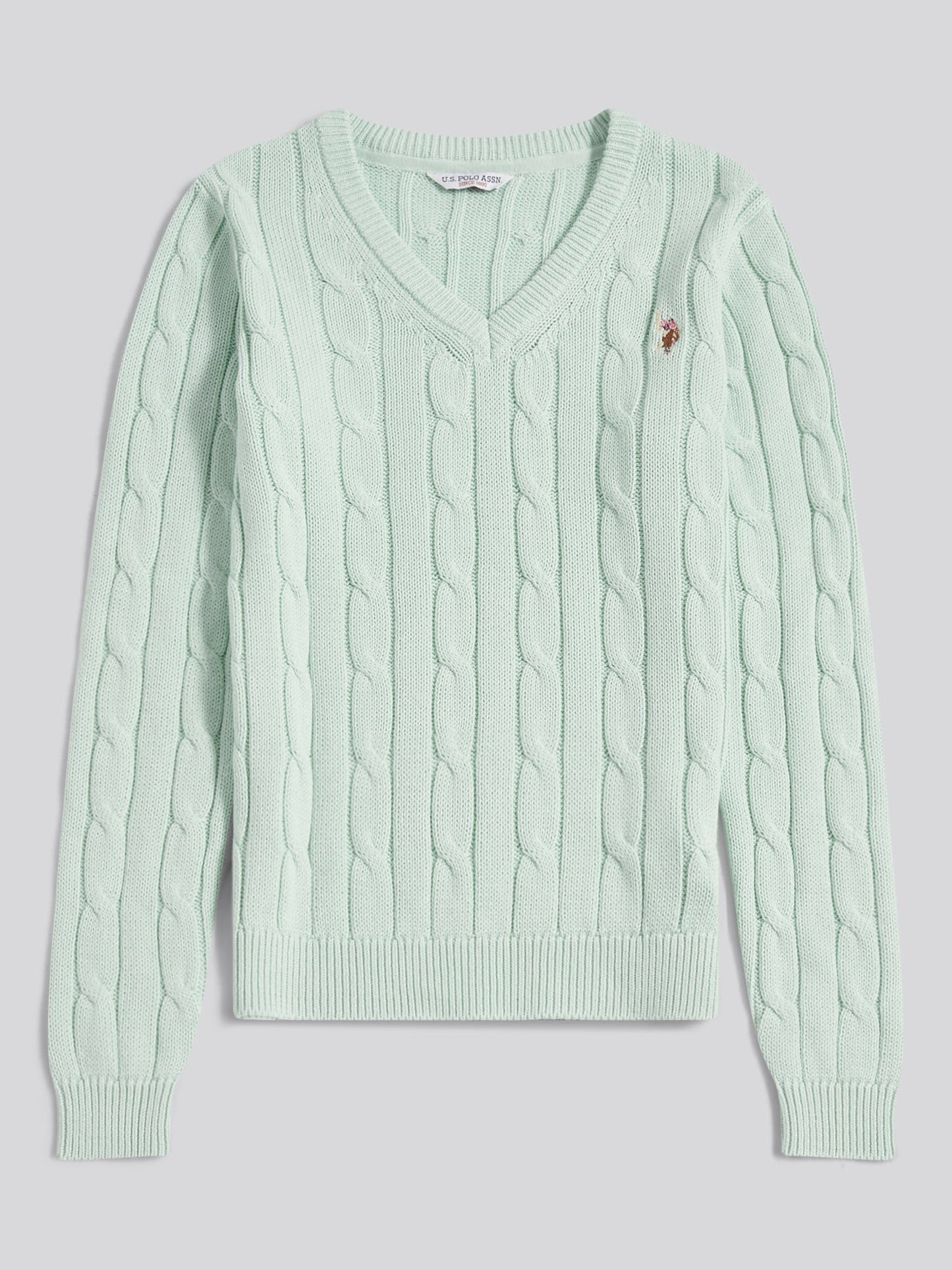 Womens V-Neck Cable Jumper in Misty Jade