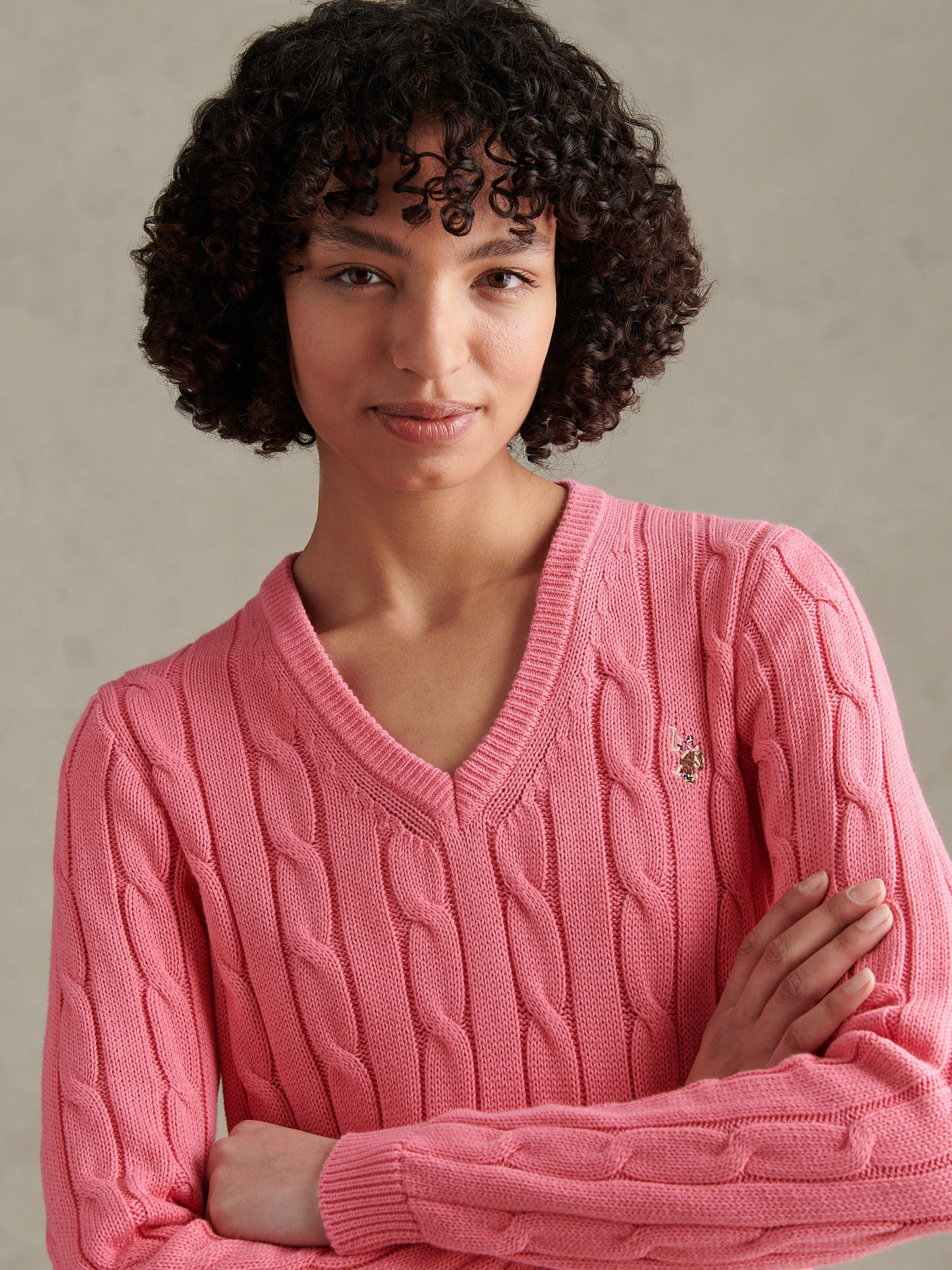 Womens V-Neck Cable Jumper Bubblegum