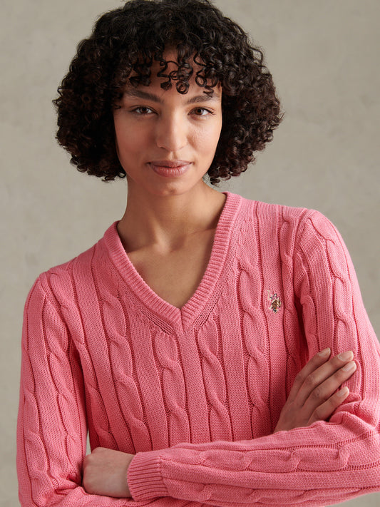 Womens V-Neck Cable Jumper Bubblegum
