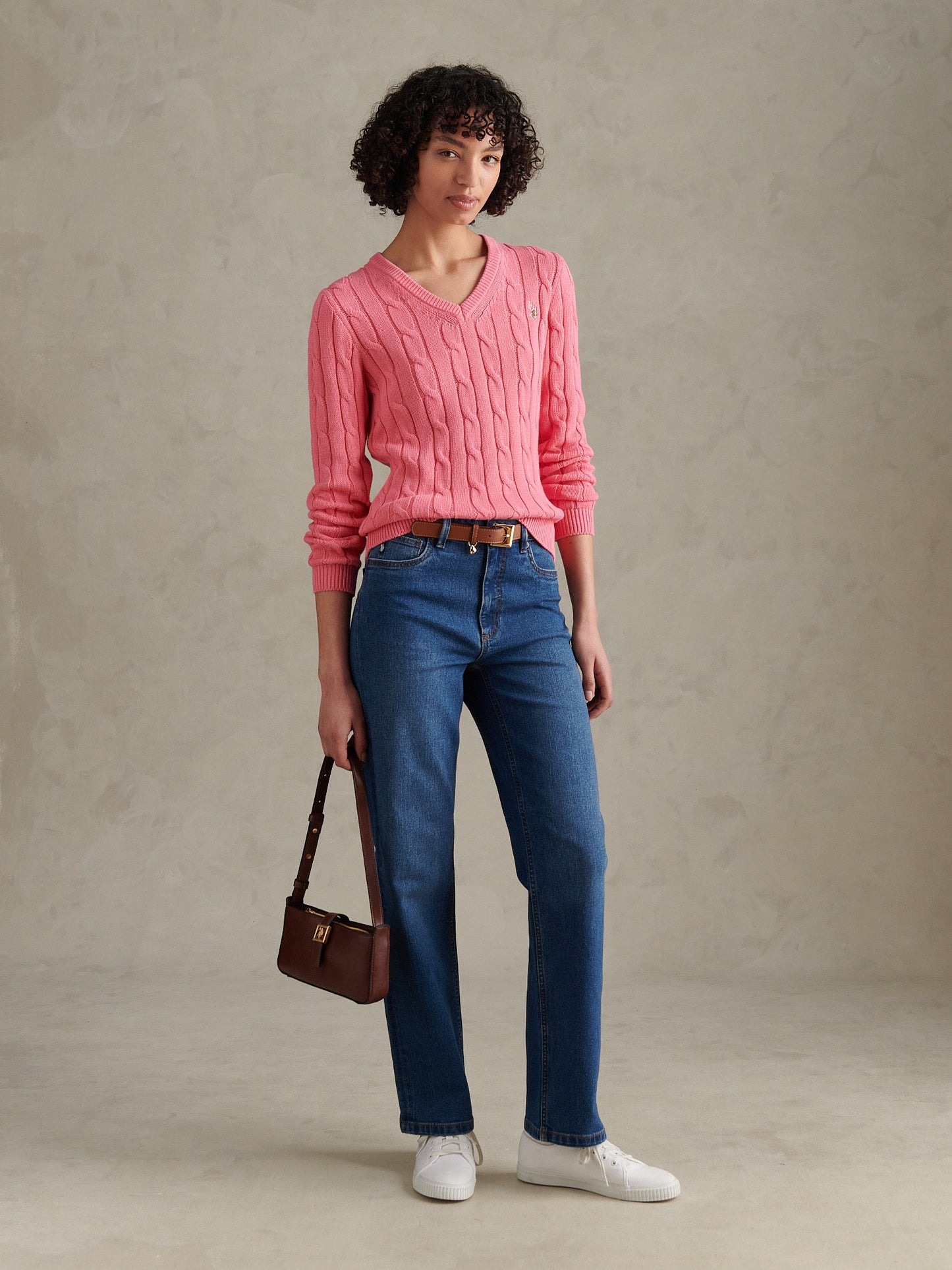 Womens V-Neck Cable Jumper Bubblegum