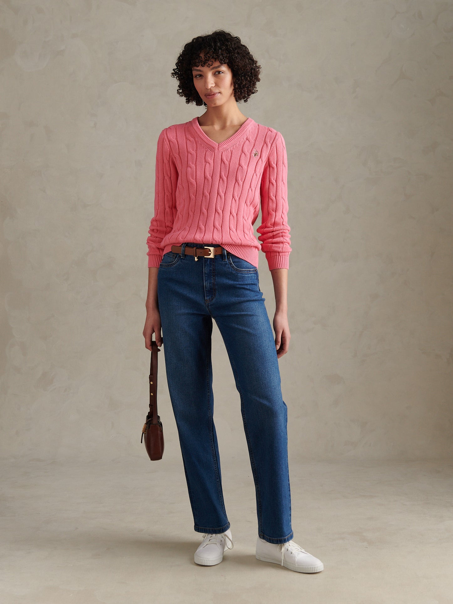 Womens V-Neck Cable Jumper Bubblegum