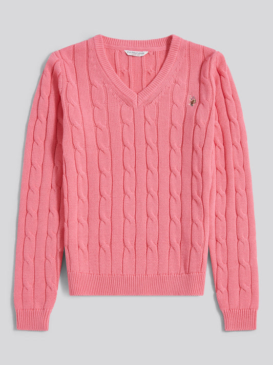 Womens V-Neck Cable Jumper in Bubblegum