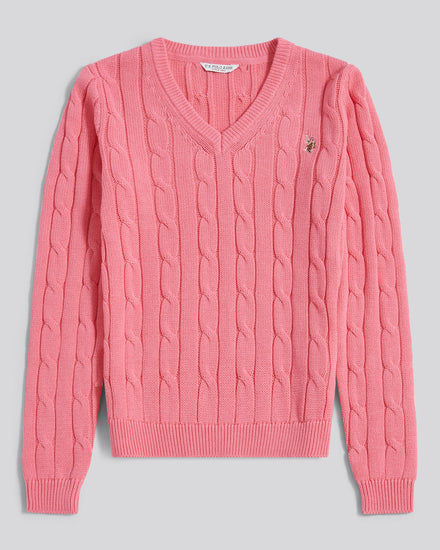 Womens V-Neck Cable Jumper in Bubblegum