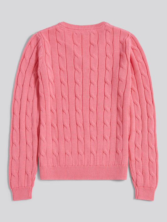 Womens V-Neck Cable Jumper in Bubblegum