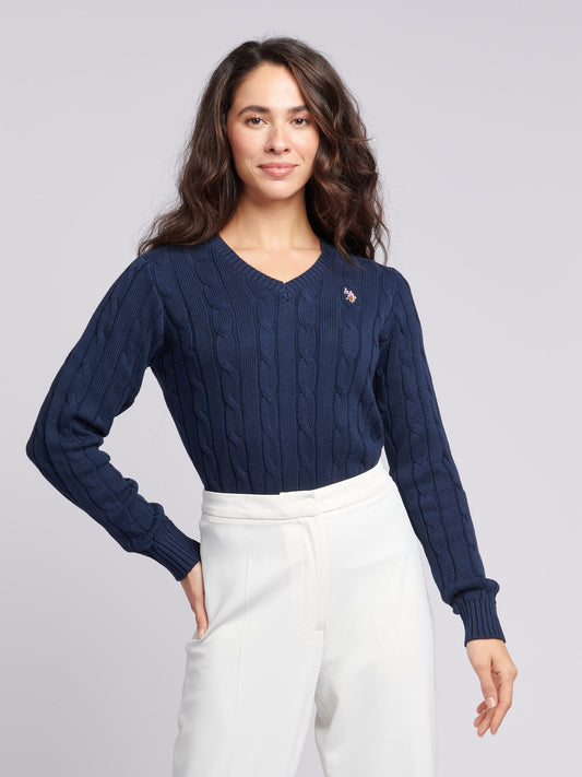 Women V-Neck Selk Cable w Marynarce Wojennej Iris