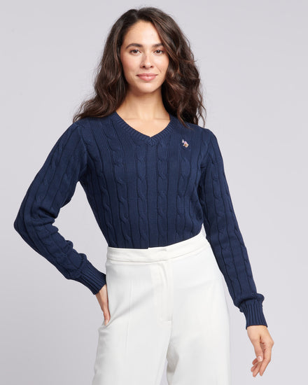 Women V-Neck Selk Cable w Marynarce Wojennej Iris