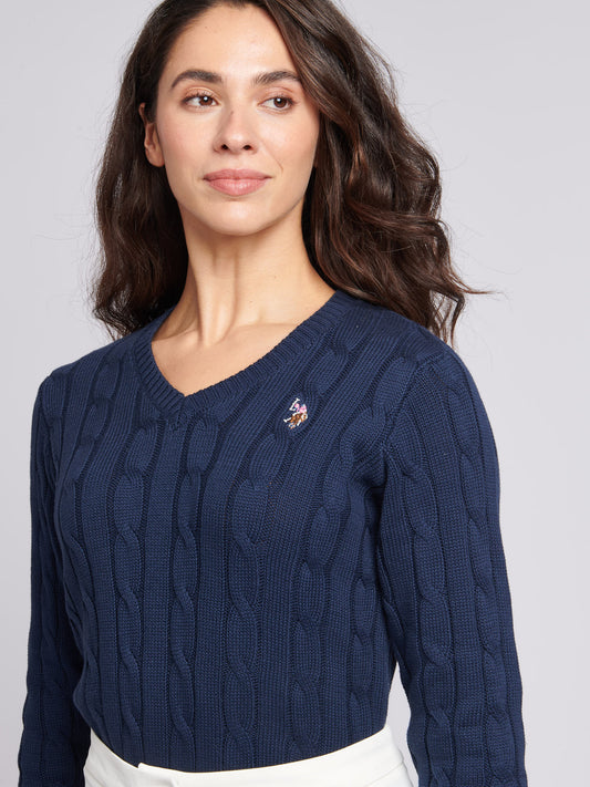 Women V-Neck Selk Cable w Marynarce Wojennej Iris