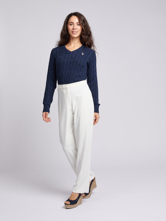 Women V-Neck Selk Cable w Marynarce Wojennej Iris