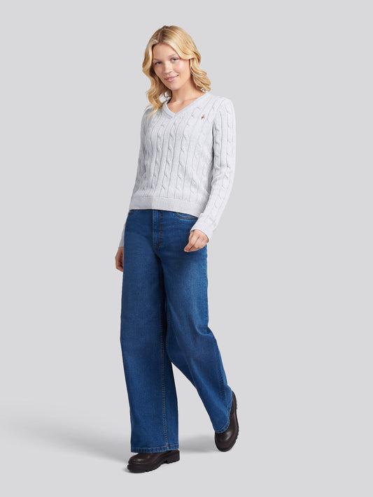 Womens V-Neck Cable Jumper in Pearl Grey Marl