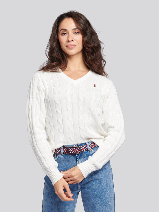 Women V-Neck Selk Cable w Marshmallow