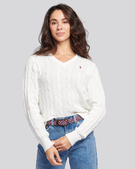 Women V-Neck Selk Cable w Marshmallow