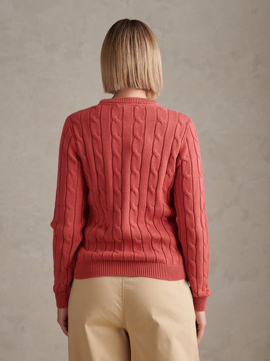 Womens Crew Neck Cable Jumper in Mineral Red