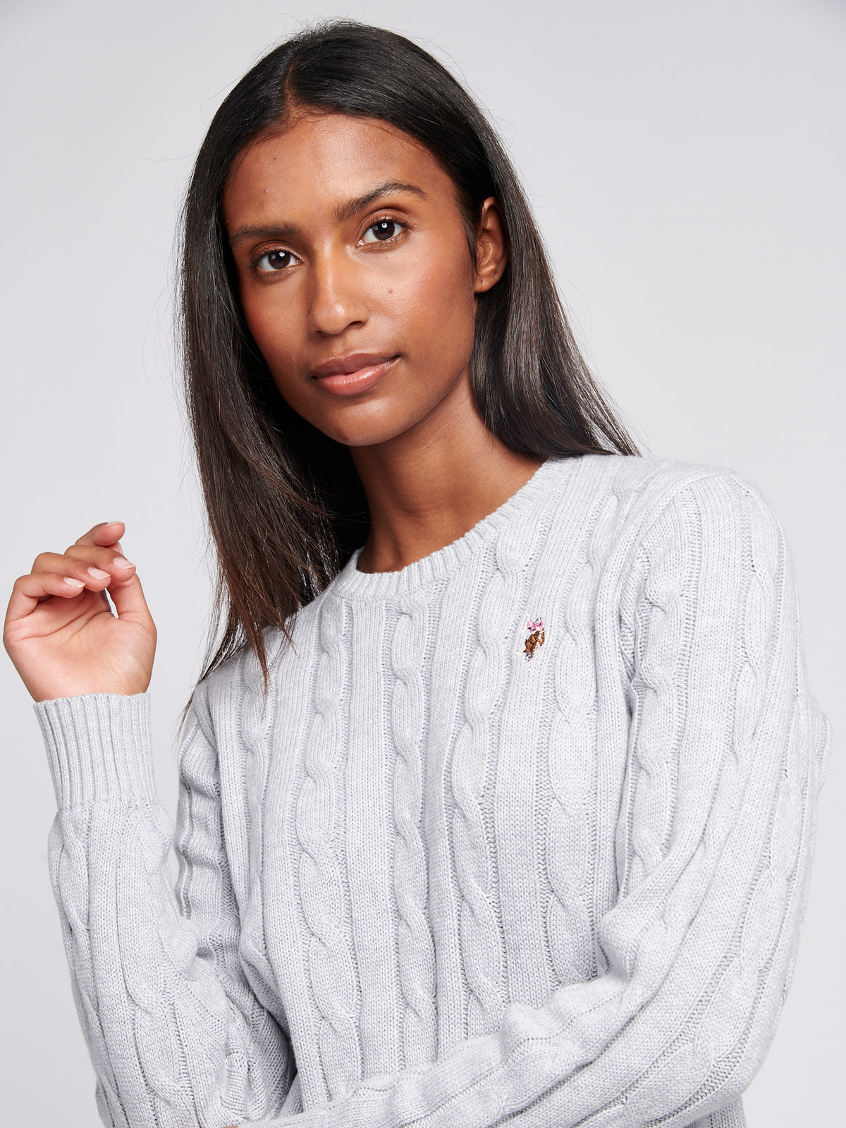 Womens Crew Neck Cable Jumper Pearl Grey Marl